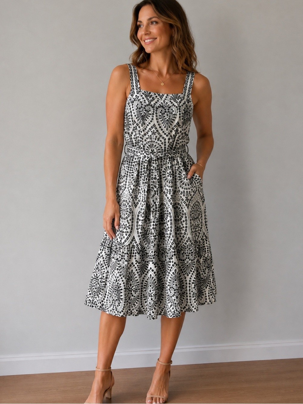 Talbots MEDALLION EYELET FIT & FLARE DRESS Black White Size 14 W Tie Belt